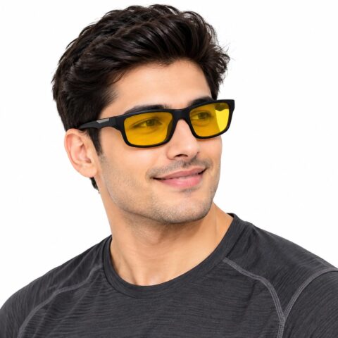 Eye Monk Yellow Lens Wraparound Sunglasses, UV Protection, Black Frame